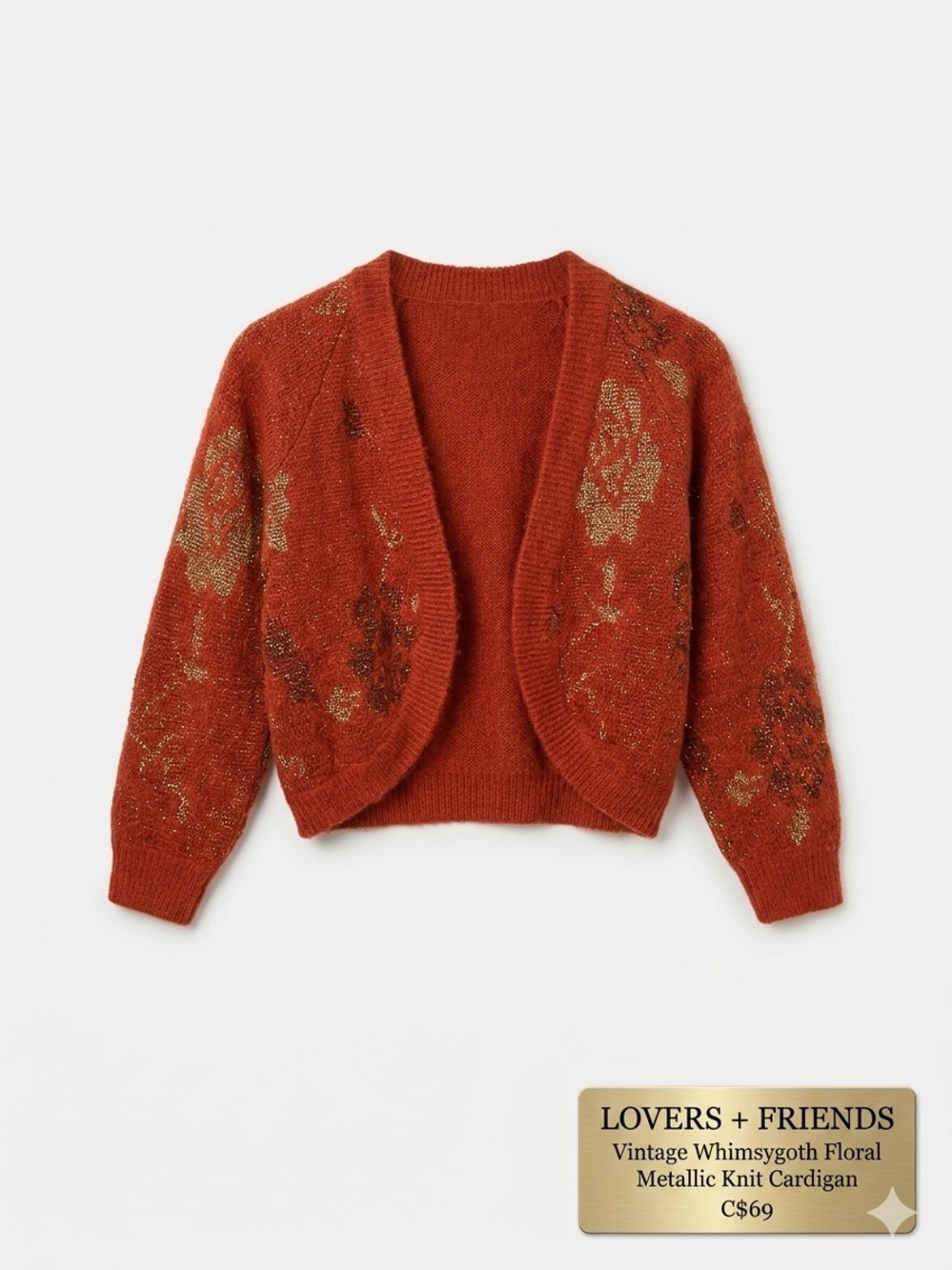 Vintage I Love H81 Whimsygoth Floral Metallic Knit Cardigan S/P RUST EUC *